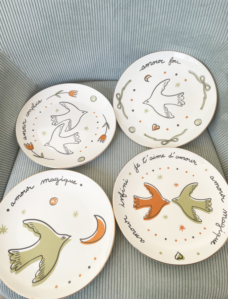 Set de 4 assiettes oiseaux amour