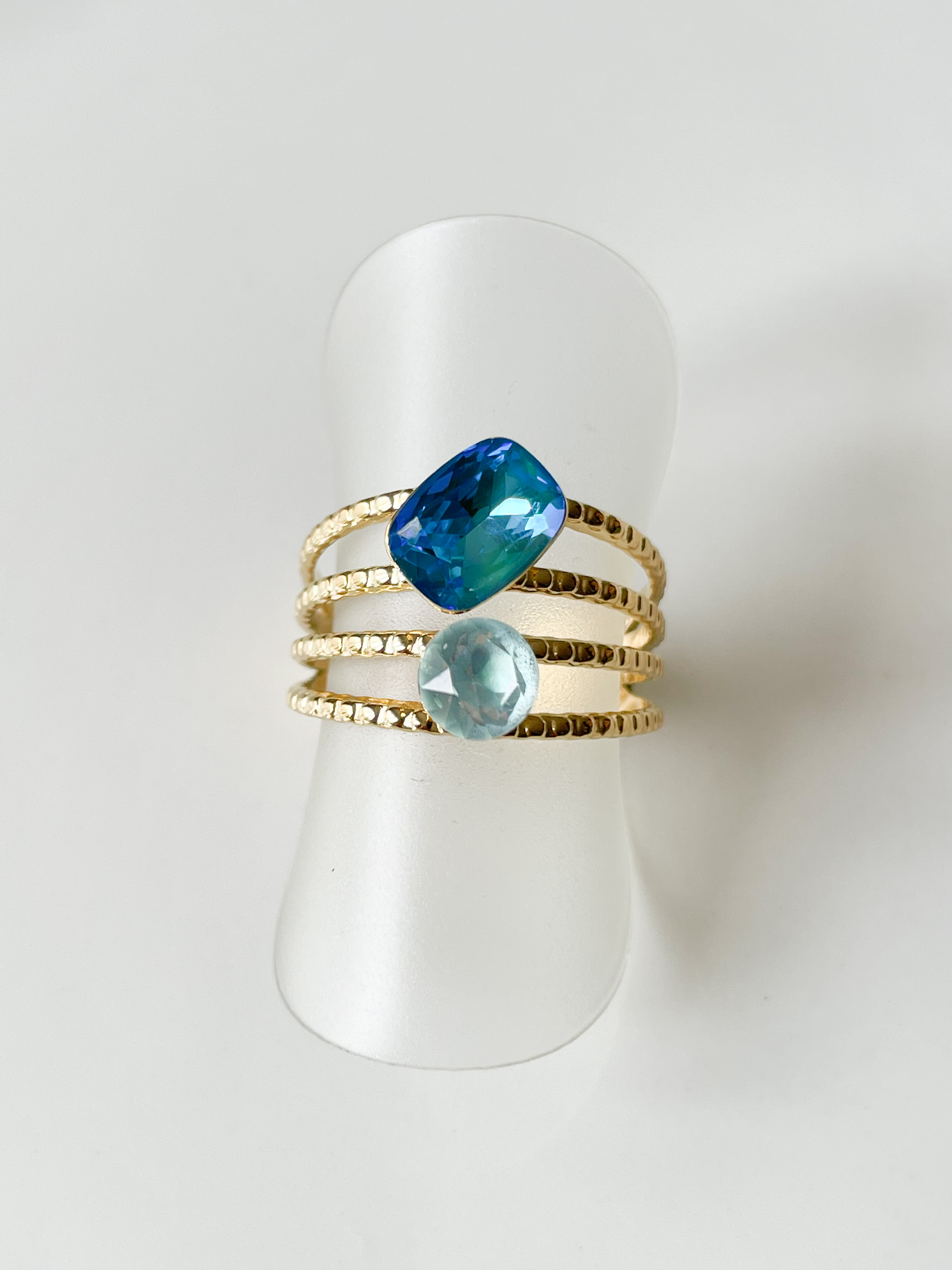 bague cristal fine double bleu blanc doré