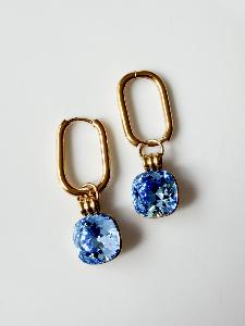 Boucles cristal créoles rectangle bleu doré