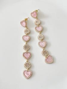 Boucles Coeur long rose strass doré