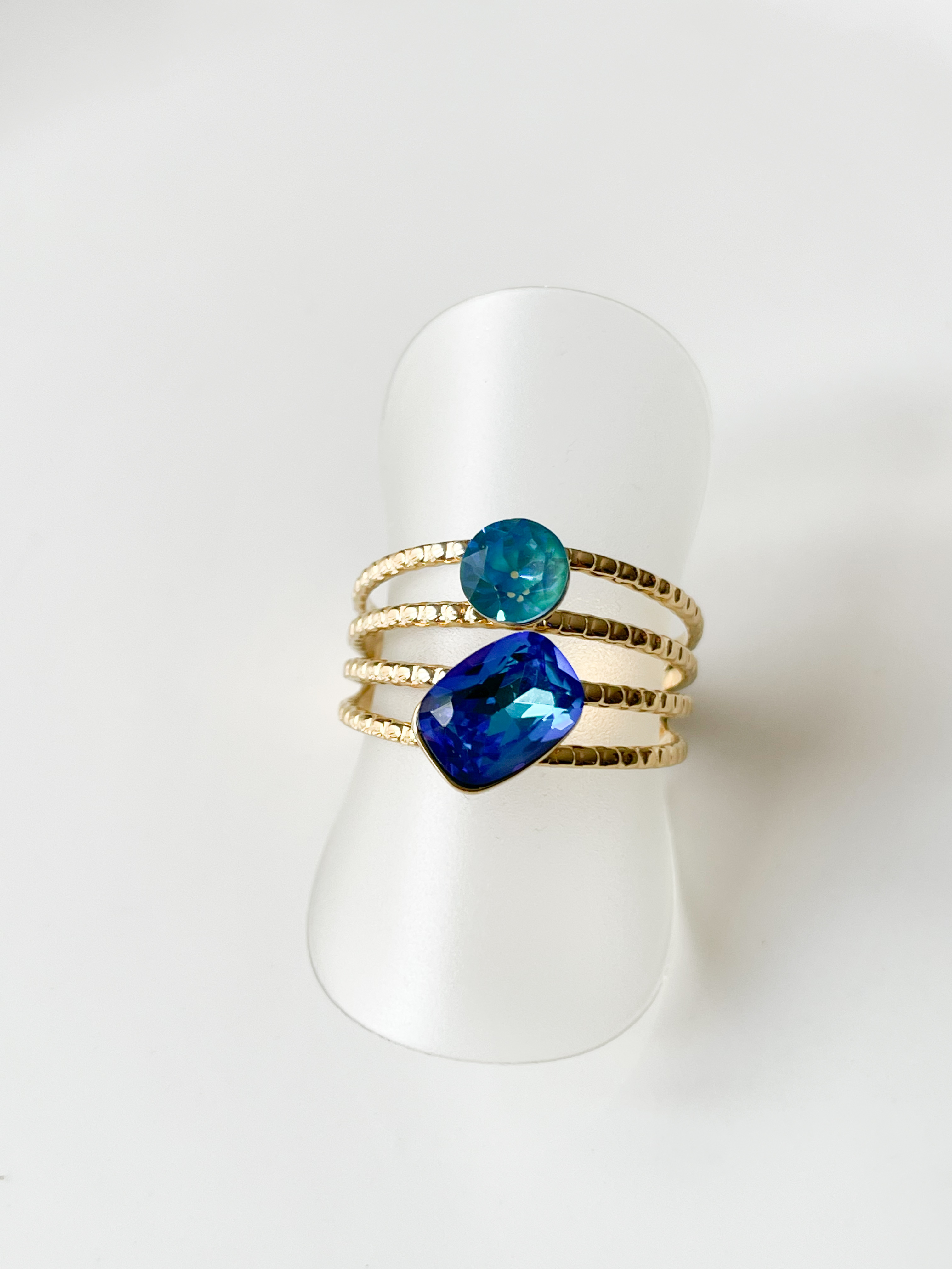 bague cristal fine double bleu doré