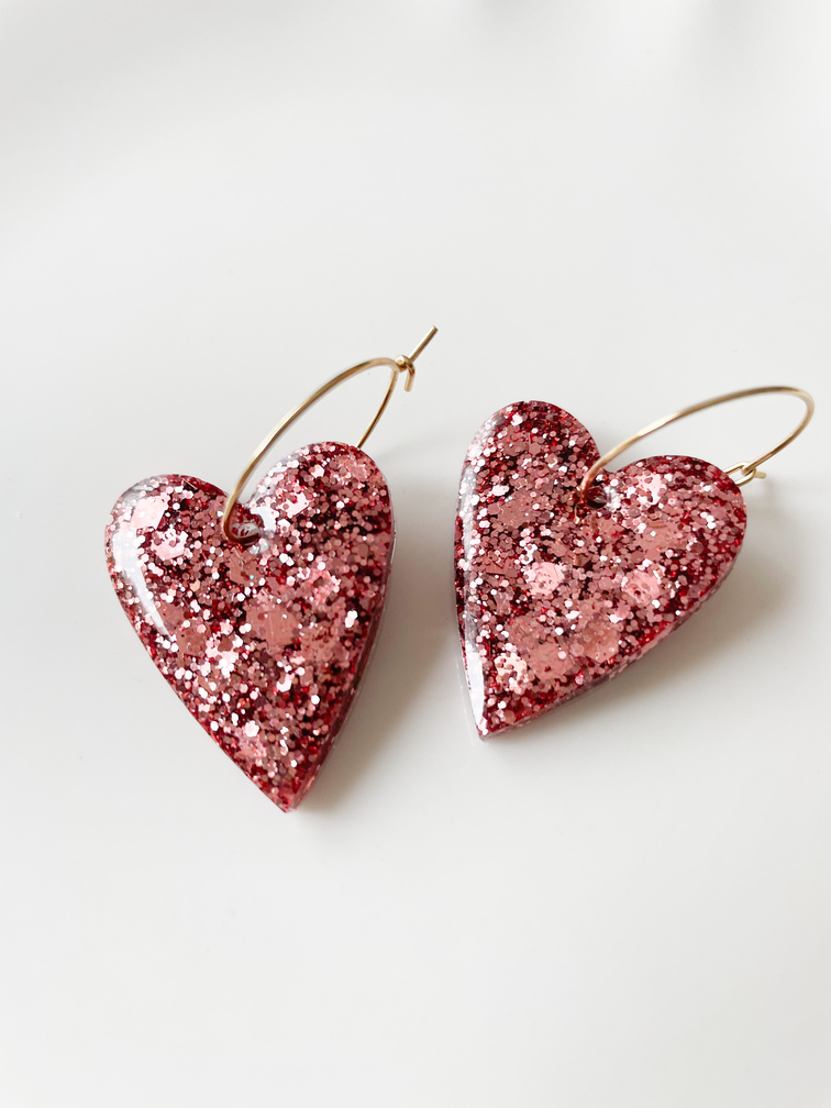 boucles créoles coeur paillettes rose