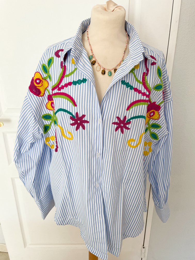 Chemise rayée fleurs brodées 42 48