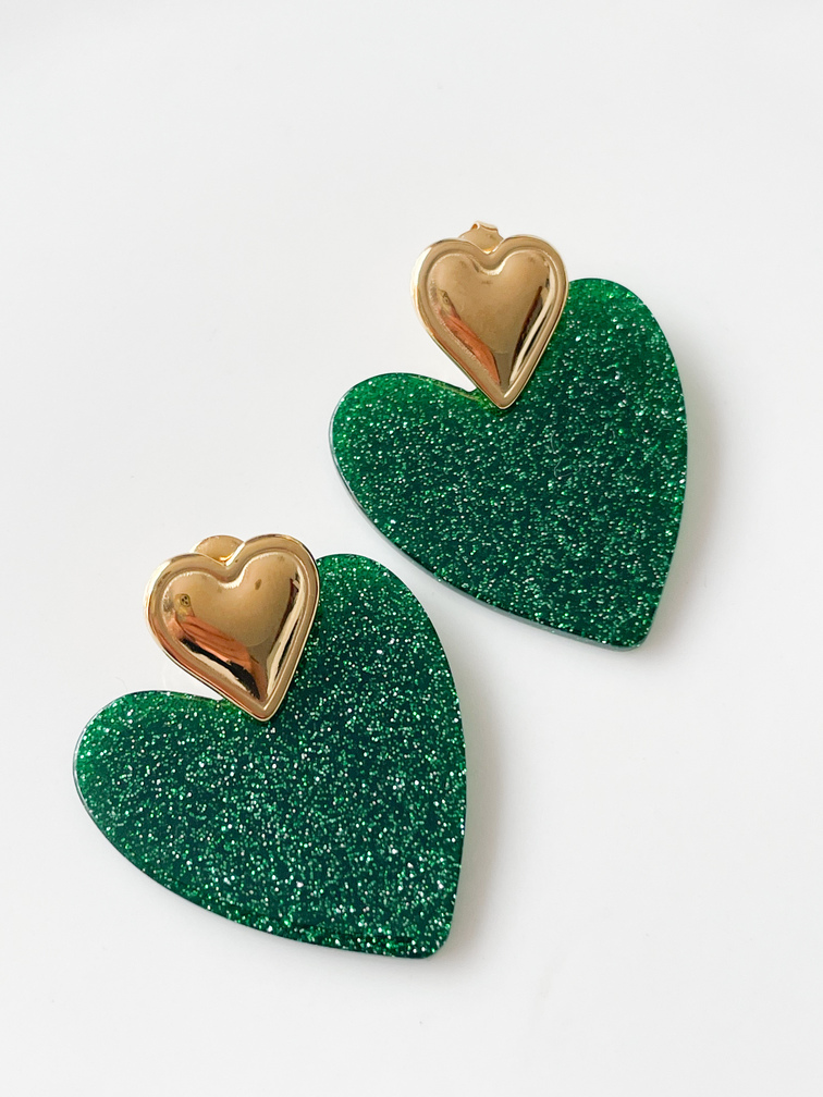 Boucles coeur paillettes vert doré