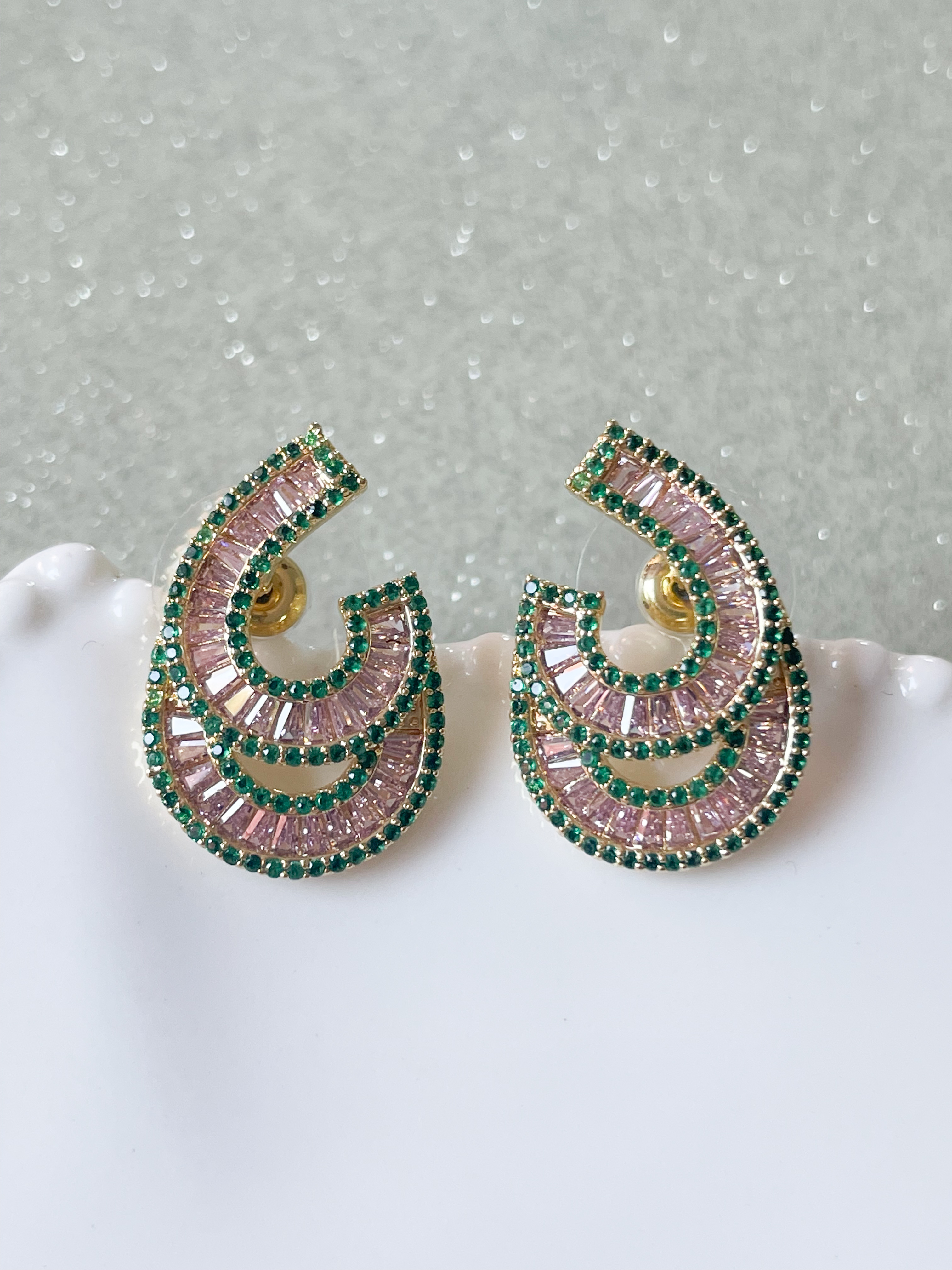 Boucles strass Cathel rose vert doré