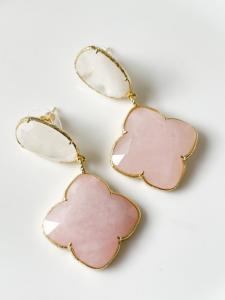 Boucles pierres fleur rose doré