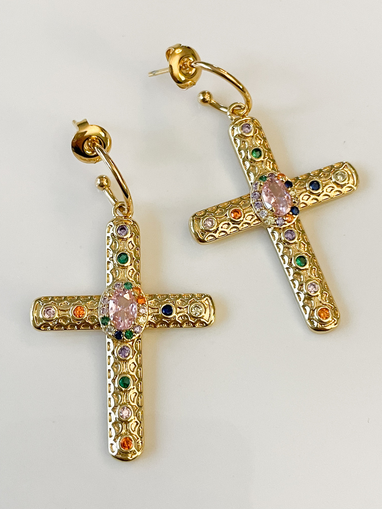 Boucles croix Gigi strass rose doré
