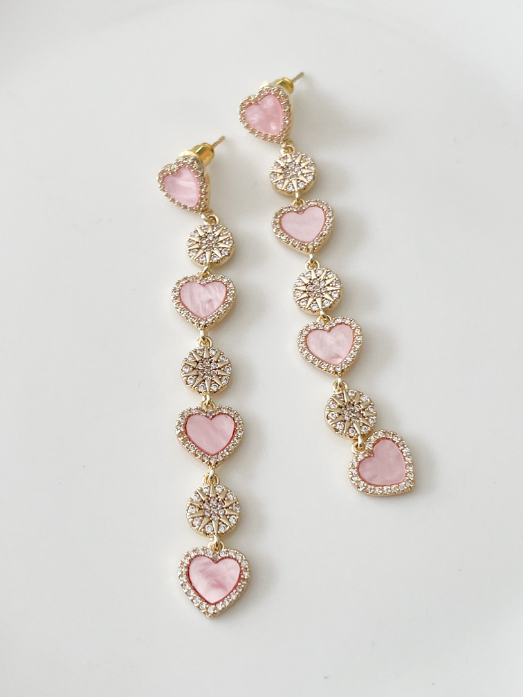 Boucles Coeur long rose strass doré