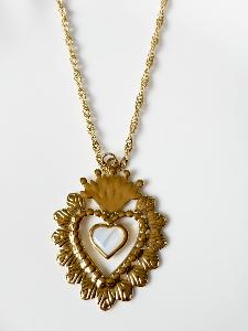Collier Coeur ex voto blanc nacré doré
