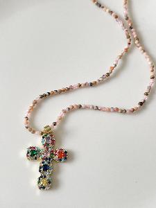 Collier Croix pierres doré