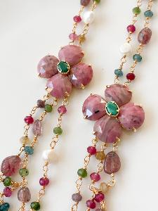 Collier sautoir pierres Zoé rose vert doré 