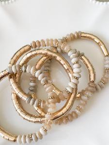 Bracelet 5 rangs Bohème beige doré