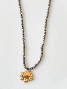 Collier pierre éléphant pyrite noir doré