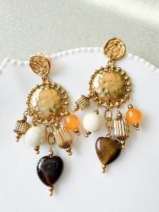 Boucles cercles perles marron doré