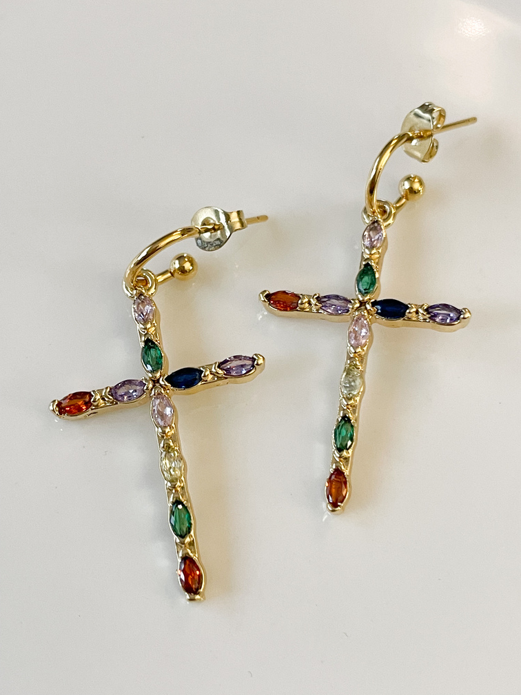 Boucles Croix colorée doré