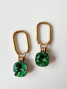 Boucles cristal créoles rectangle vert doré