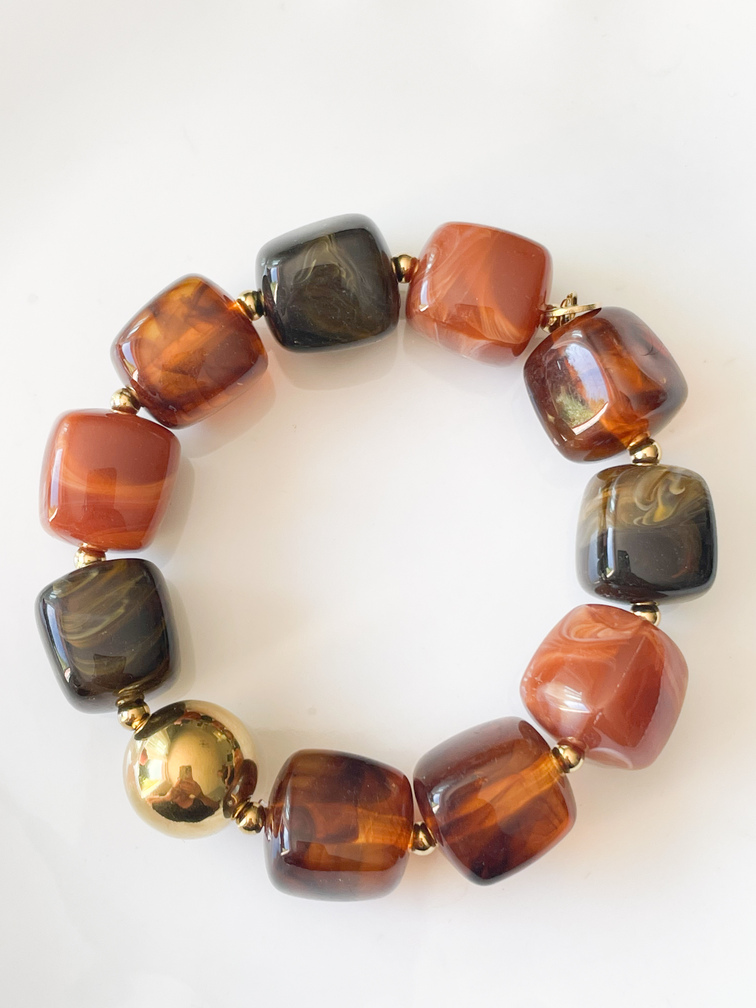 Bracelet perles duo ambre moka doré