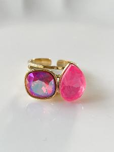 Bague Cristal duo rose fluo doré