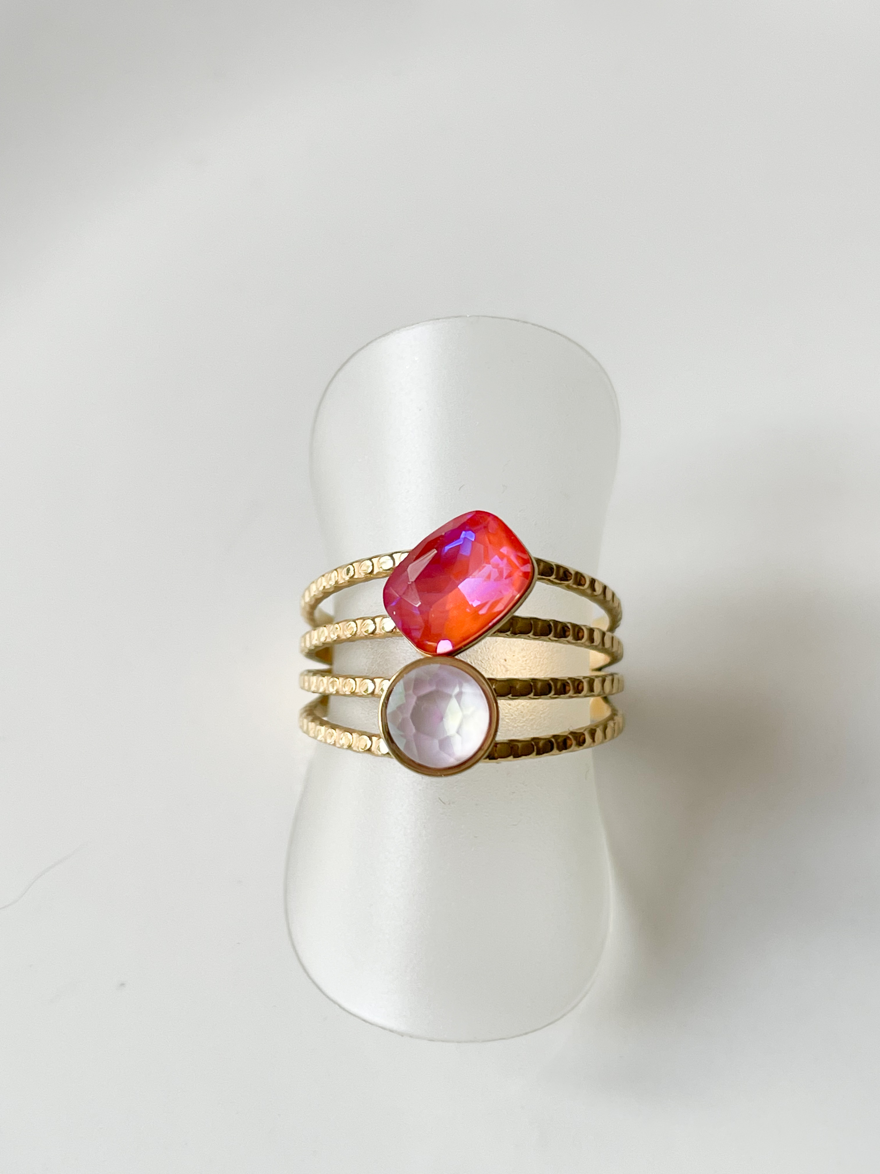 bague cristal fine double rose doré