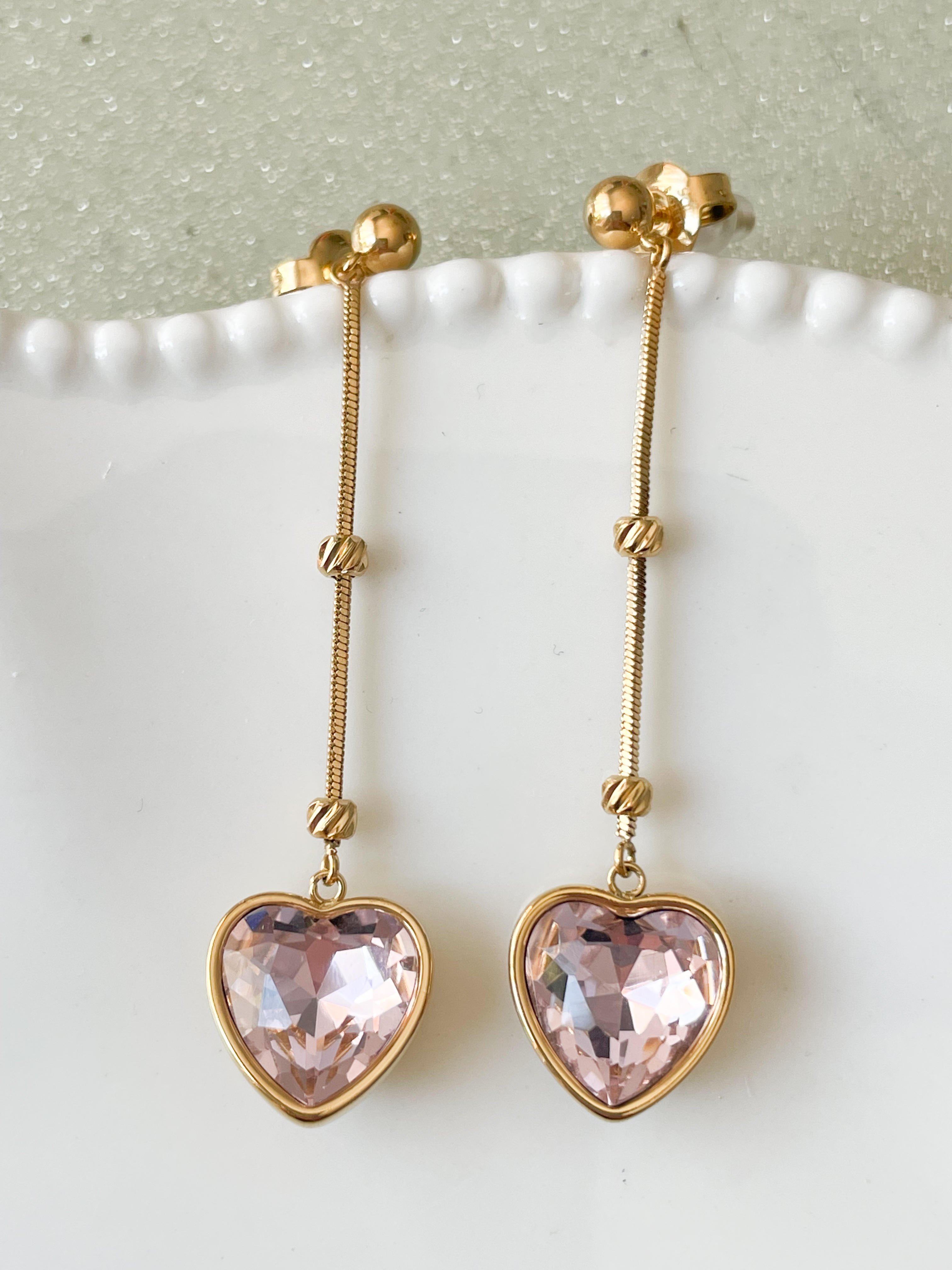 Boucles cristal coeur rose long doré