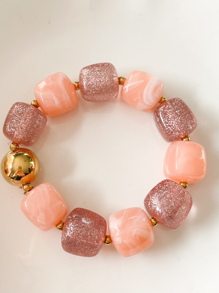 Bracelet perles rose paillettes doré