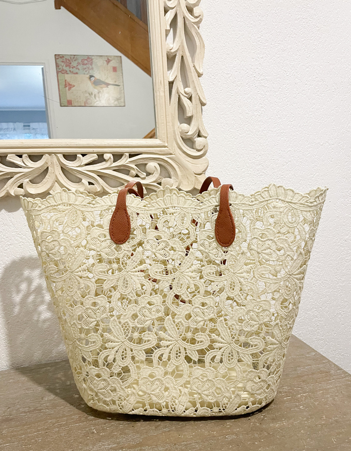 Sac panier dentelle fleur beige