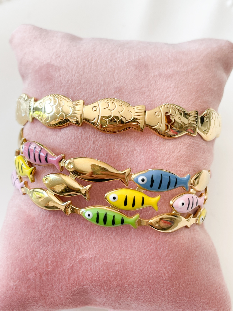 Bracelet jonc poissons colorés doré