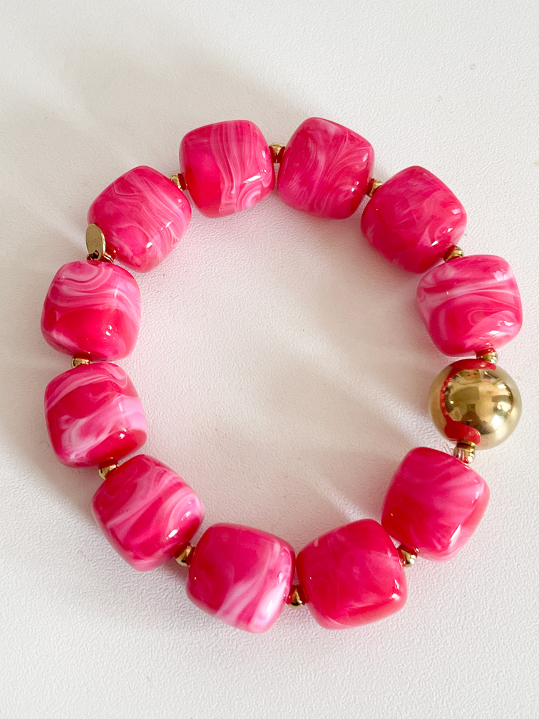 Bracelet perles rose fuschia doré
