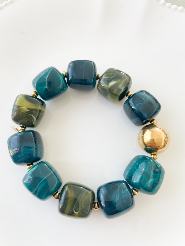 Bracelet perles duo bleu kaki doré