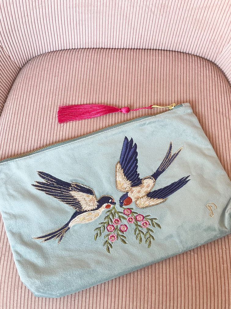pochette grande oiseaux bleu