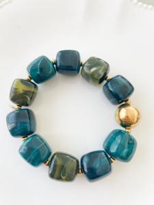 Bracelet perles duo kaki marine doré
