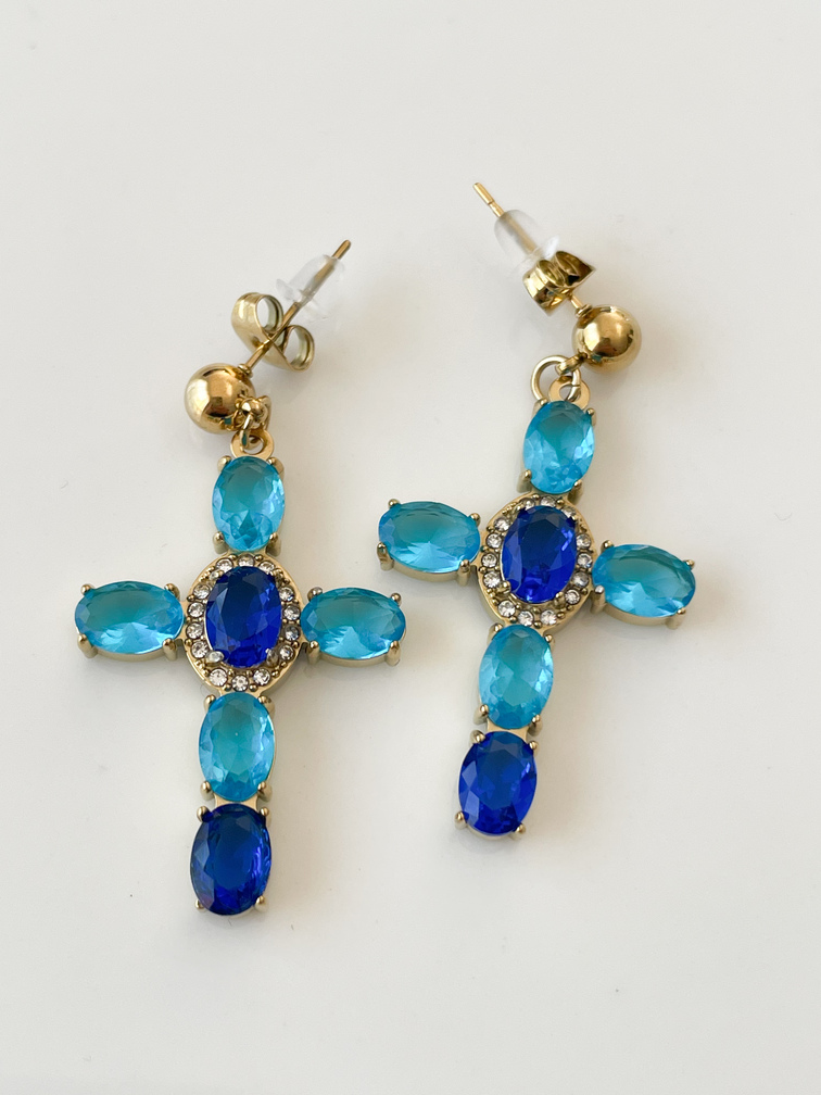 boucles croix bleu doré