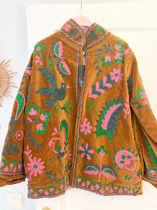 Veste brodée camel oiseau taille unique