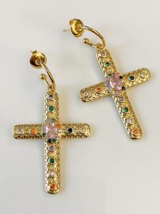 Boucles croix Gigi strass rose doré