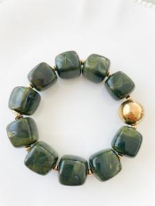 Bracelet perles vert kaki doré