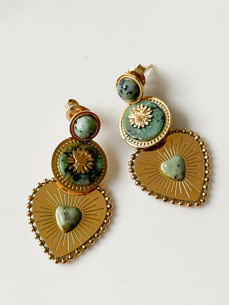 Boucles pierres Coeur kaki doré