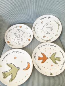 Set de 4 assiettes oiseaux amour