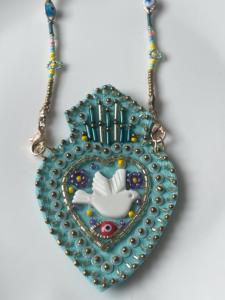 Collier Mexicain coeur oiseau bleu doré