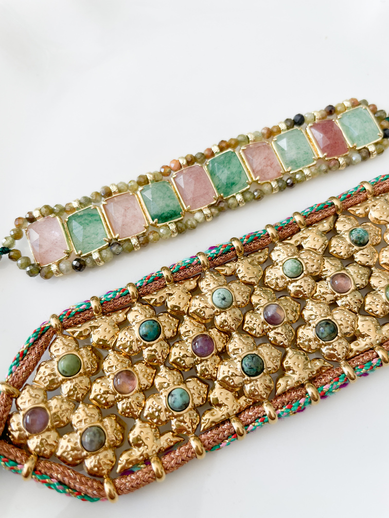 Bracelet large pierres fleurs