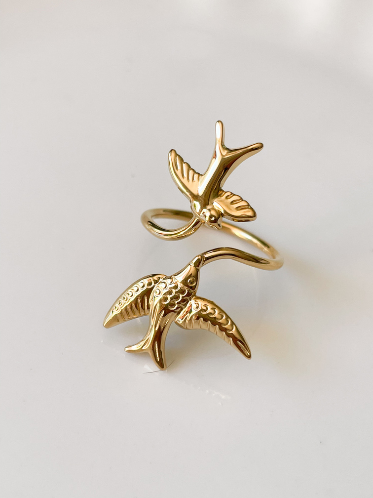 bague 2 oiseaux doré 