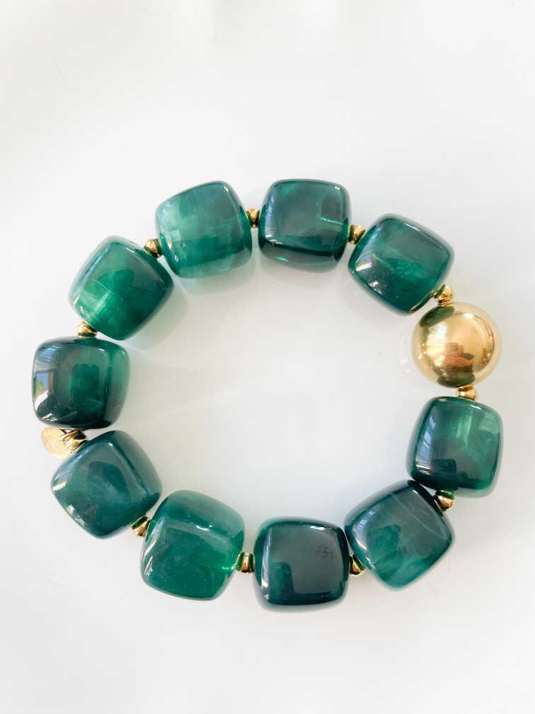 Bracelet perles vert fonçé doré
