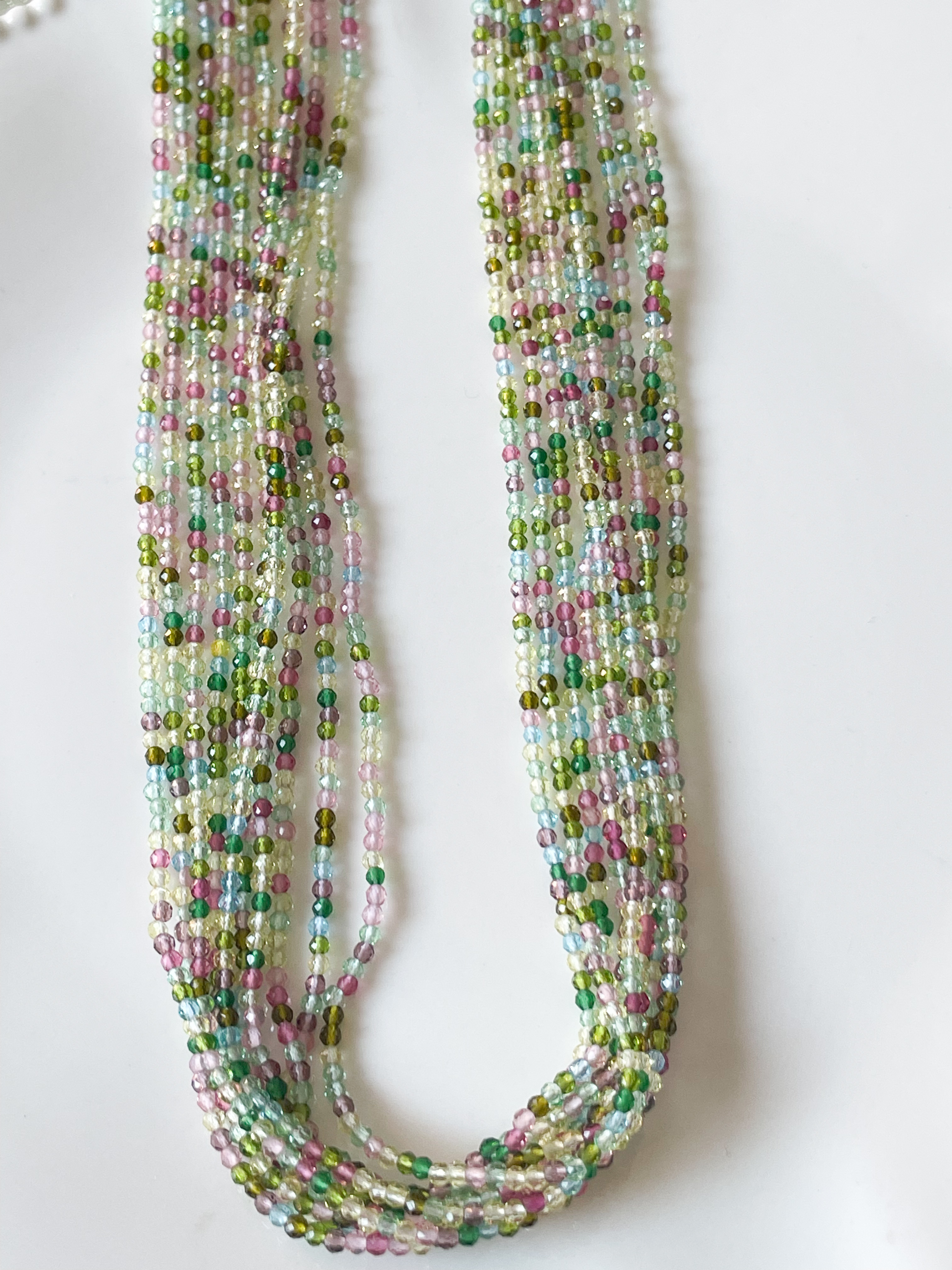 Collier sautoir perles rose vert doré