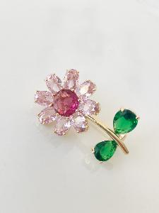 Broche fleur rose vert doré