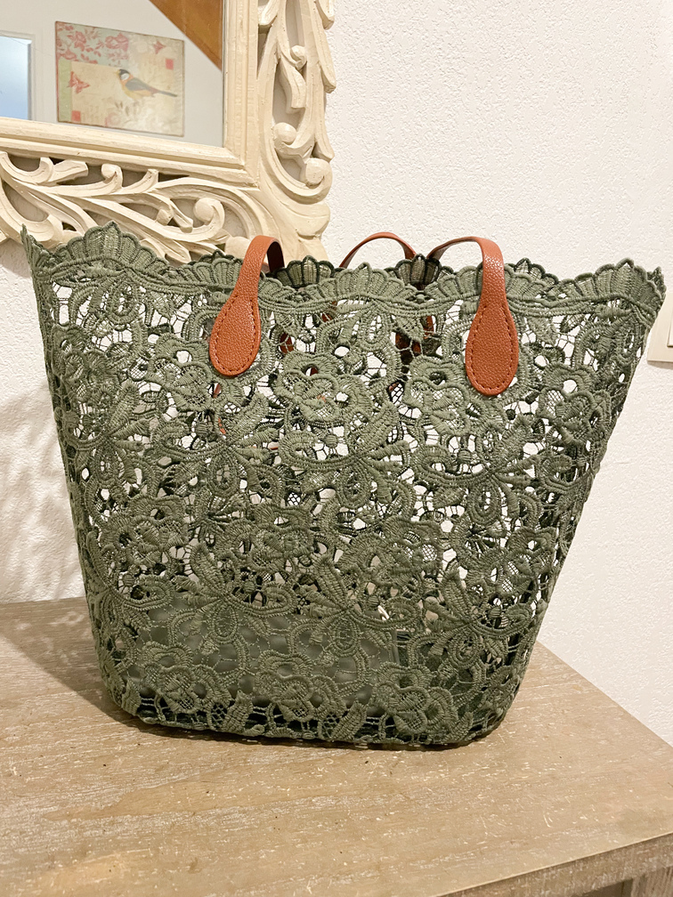 Sac panier dentelle fleur kaki