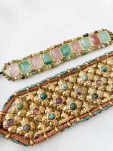 Bracelet pierres rose et bleu doré