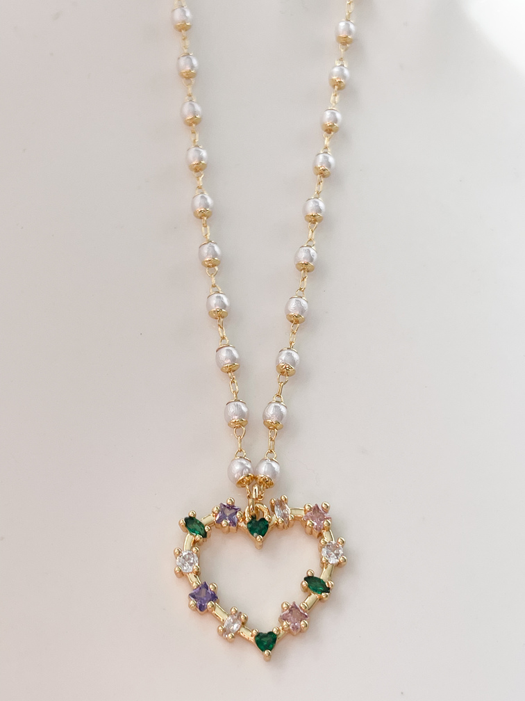 collier coeur perles blanches doré