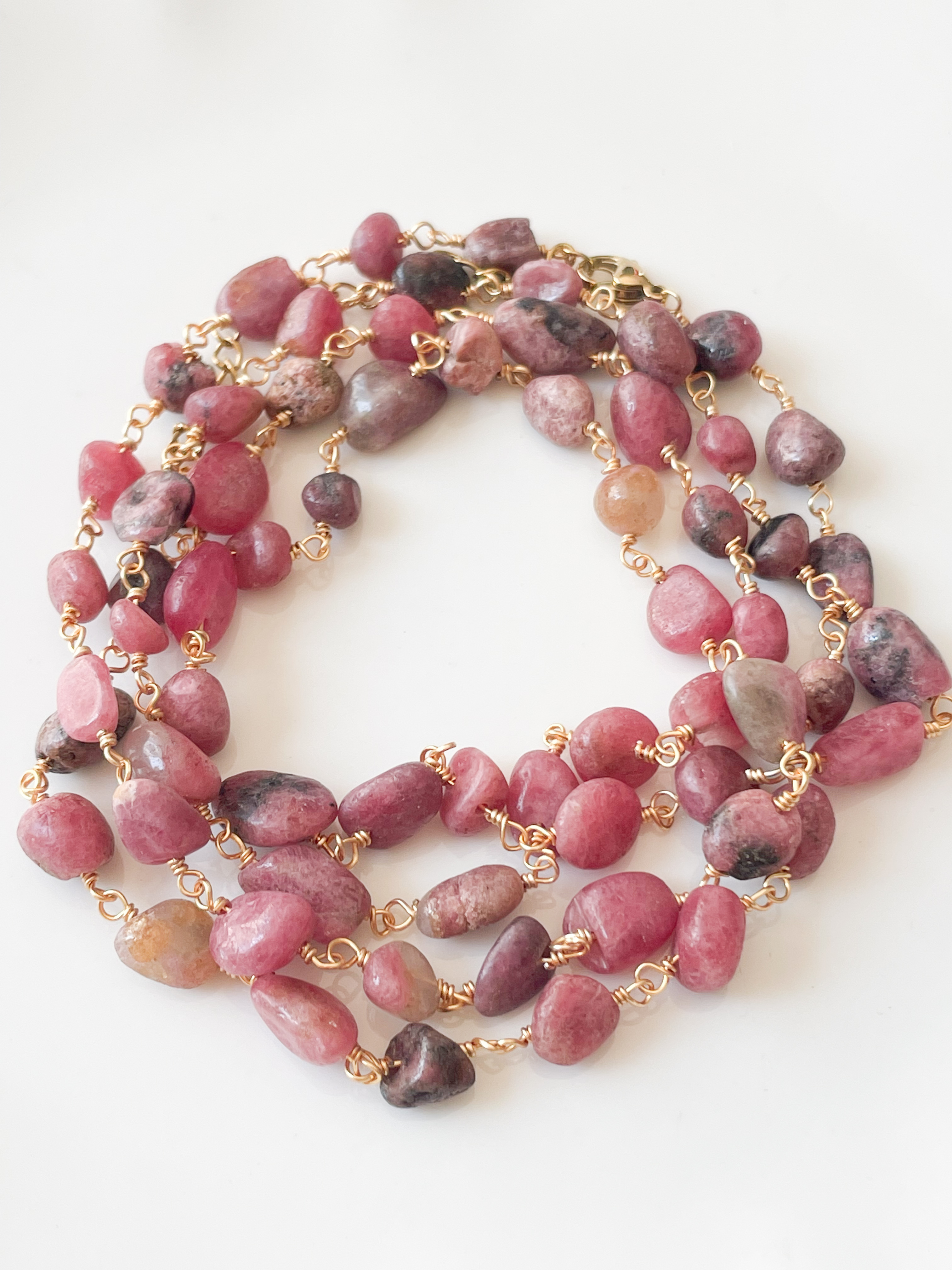 Collier sautoir bracelet pierres Sweet rose fonçé doré