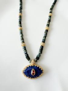 Collier pierres oeil bleu doré