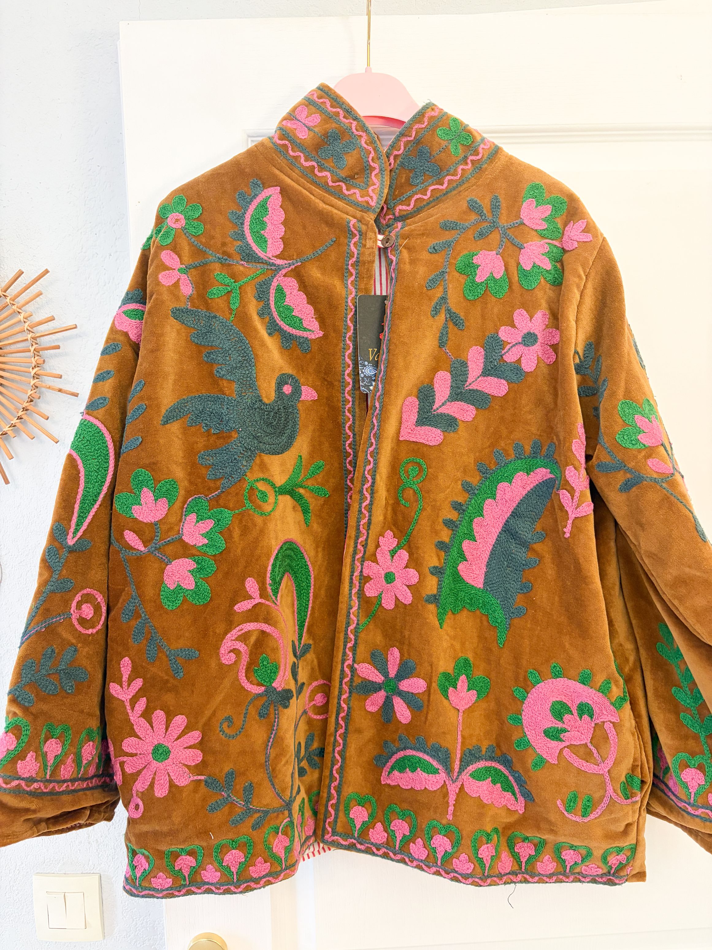 Veste brodée camel oiseau taille unique