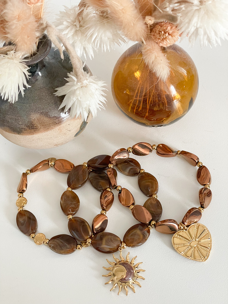 Bracelet 3 rangs marron doré